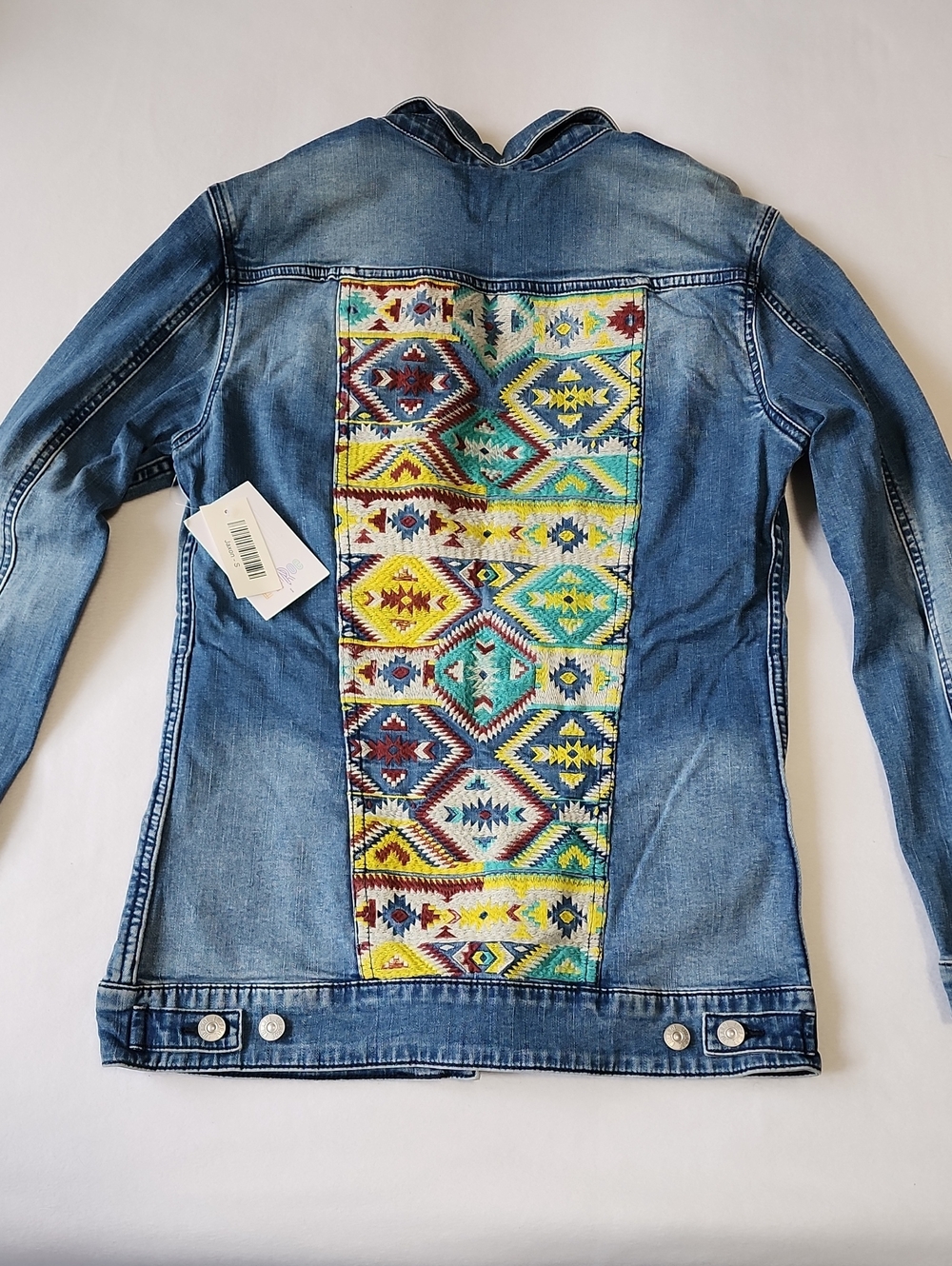 LuLaRoe Light Blue Denim Jacket with Multicolor Embroidered Back